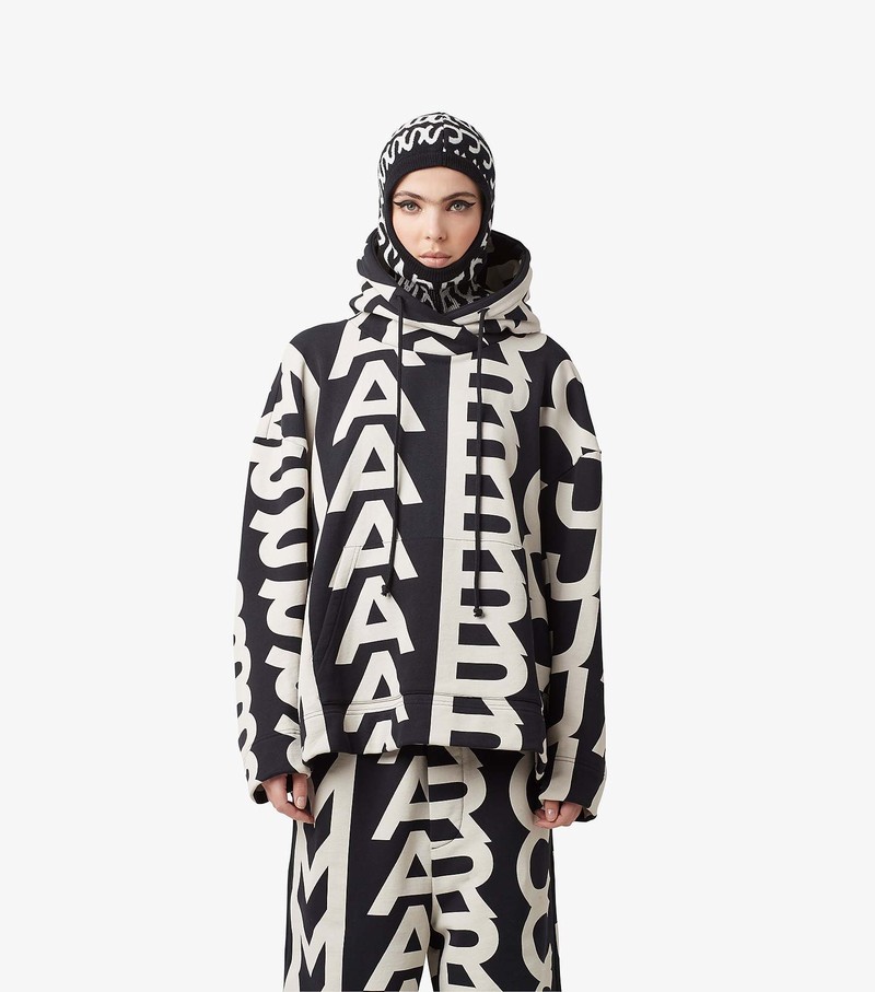 Bluzy Z Kapturem Damskie Marc Jacobs Monogram Oversized Czarne Białe | 64IQGAOFU