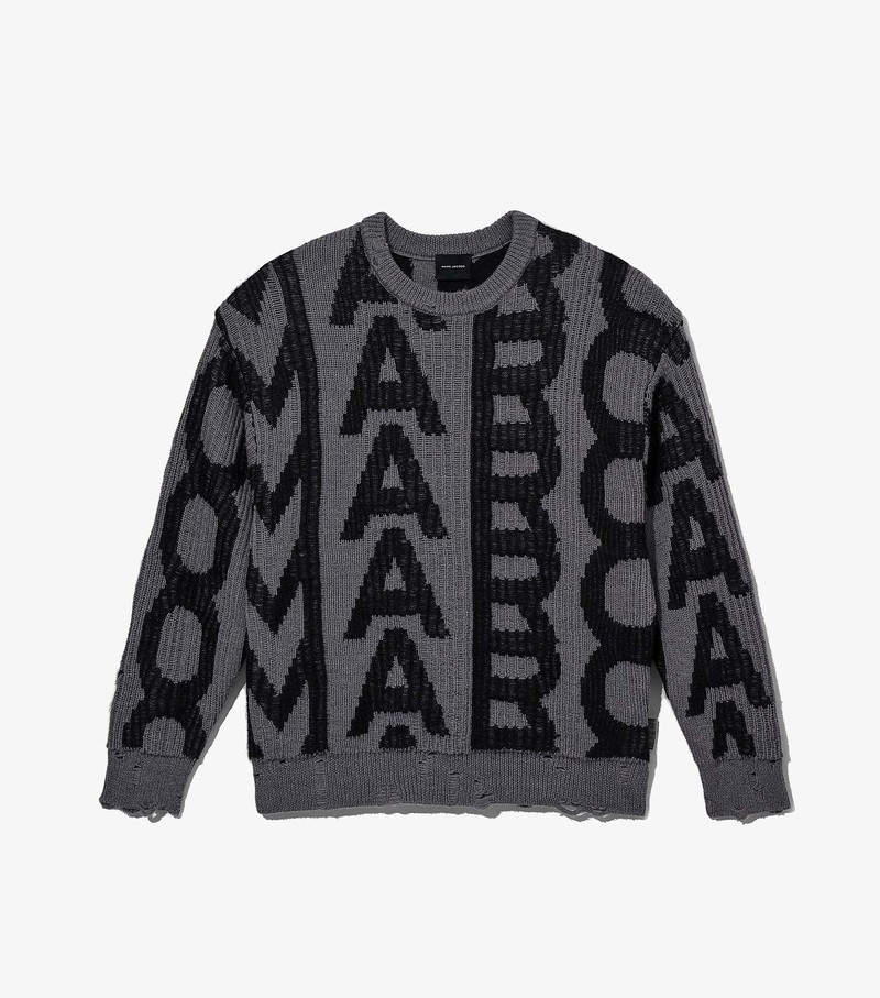 Sweater Damskie Marc Jacobs Monogram Distressed Czarne Szare | 31ITKFHQA